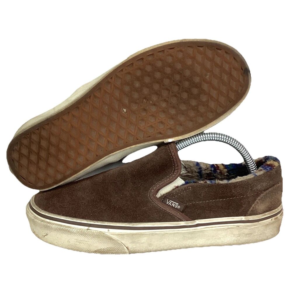 Vans Classic SlipOn Men 6/Wmn 7.5 Brown Suede Sherpa-Lined Geometric VN0A4U382PS